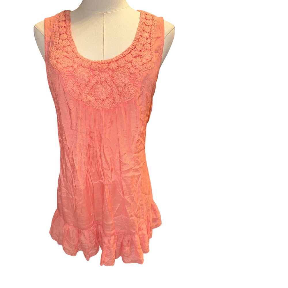 Wrangler Womens Coral Pink Crochet Lace Neck Ruffle Hem Sleeveless Tank Top M‎